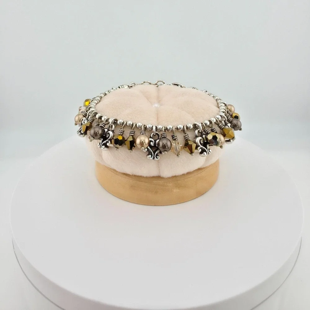 BRIGHTON 'Cannes' Bracelet Heart Crystal Fringe Charm Scroll Silver Plate 7.75
